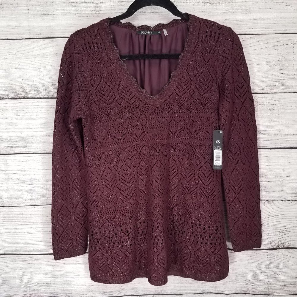 Nic + Zoe NWT Pullover Sweater Open KnitShine On Metallic Sweater Fall Casual XS